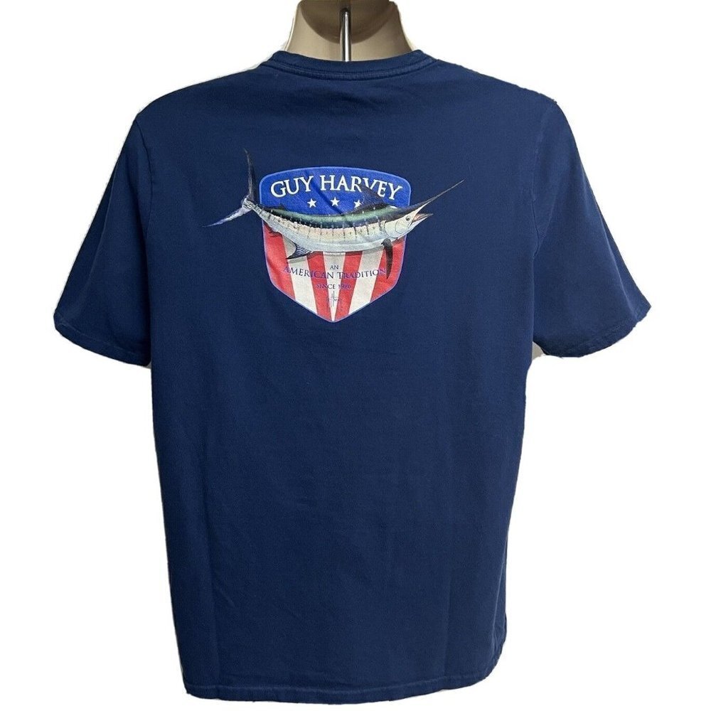 Guy Harvey Mens Navy Blue Double Graphic T-Shirt Large Fishing Swordfish Cotton